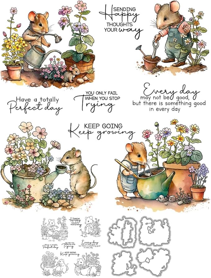 Flower Mouse Animal Stamps and Cutting Dies for Card Making DIY Transparent Silicone Clear Stamp and Metal Die Cuts Sets for Scrapbooking Paper Greeting Cards Decor Seals Craft Supplies