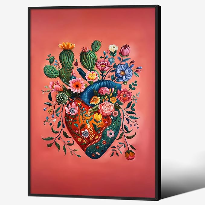 Mexico Blooming Heart Canvas Poster Colorful Vintage Botanical Wall Art Funky Trippy Pink Prints 16X24 inch Black Framed for Bed Living Room Apartment Wall Decor