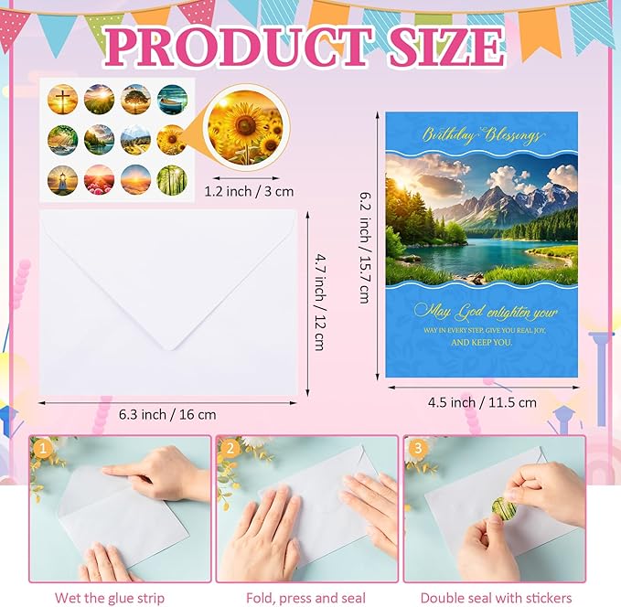 48 Pack Religious Christian Birthday Cards Bulk with Scripture Assorted Bible Verse 4.5 x 6.2 Inch Christian Blessings Birthday Greeting Cards with Envelopes and Stickers (Natural Style)