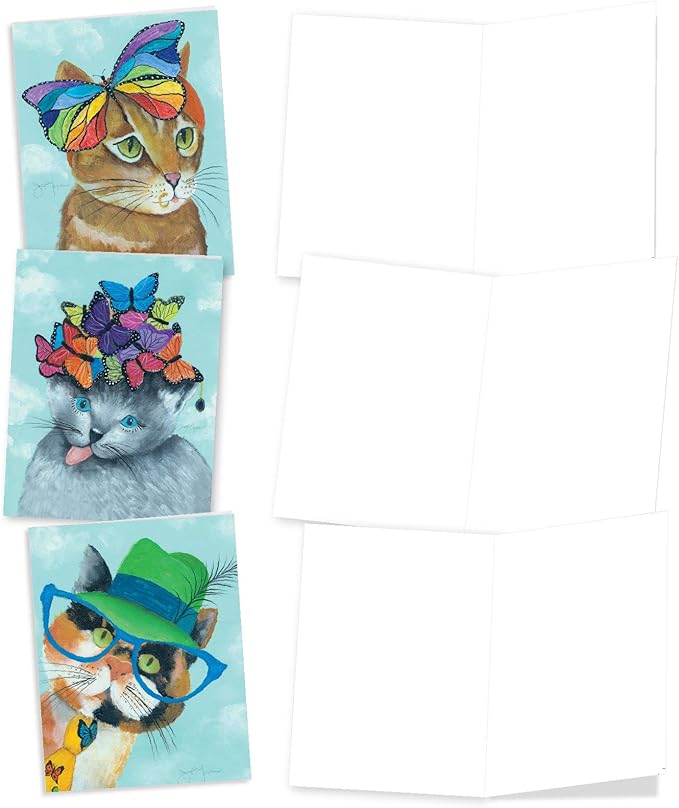 The Best Card Company 20 Assorted Blank Notes Bulk Box Set 4 x 5.12 Inch with Envelopes (10 Designs, 2 Each) Butterfly Cats AM7375OCB-B2x10