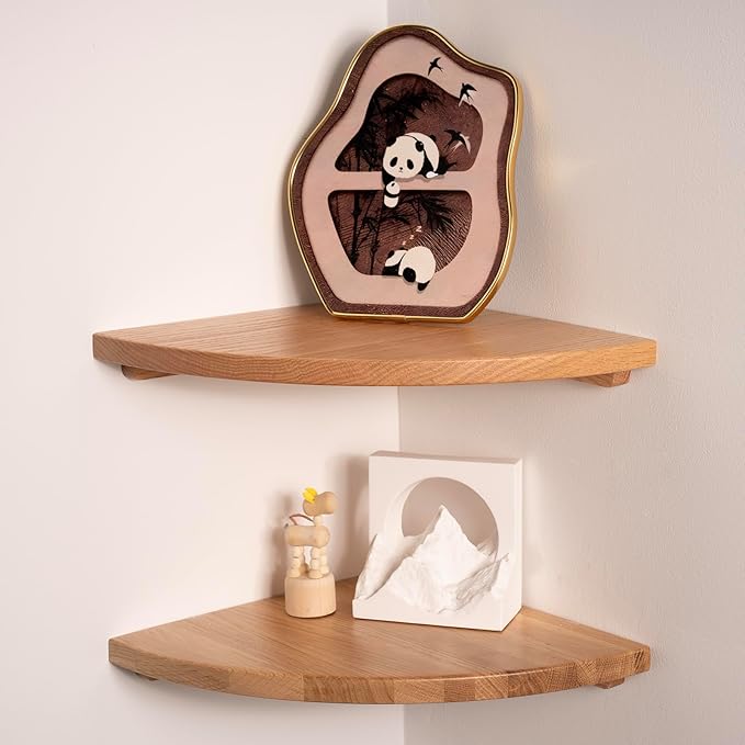 Floating Corner Shelves Oak 12", Solid Oak Wall Mounted Wooden Display Storage Rack with Wire Hole for Plants, Photos, Speakers, Bedroom, Kitchen, Living Room Décor - 2-Pack