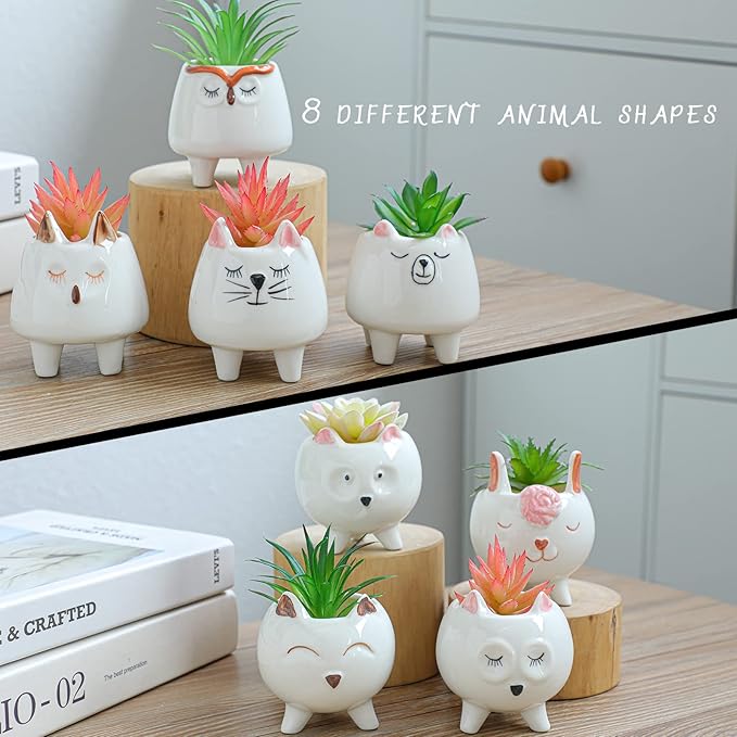ARTKETTY 8 Pcs Succulent Pots with Drainage, Small Cartoon Animal Planters Ceramic Planter Pot for Indoor Cactus Plants Mini Cute Flower Plant Container for Desk Windowsill Decoration