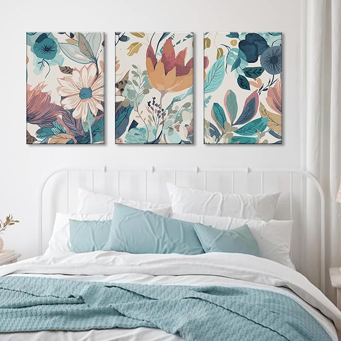 TUEASKY 3 Piece Botanical Canvas Wall Art Neutral Floral Wall Art Modern Minimalist Flower Decor Wildflower Prints for Living Room Bedroom Office 16x24in Framed