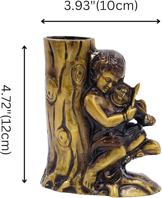 NATRIEL Vintage Brass Pen Holder with Reading Boy Design, Decorative Tree Trunk Pencil Stand, Antique Gold Finish, 4.72x3.93 Inches