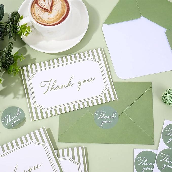 Whaline 24Pcs Sage Green Thank You Cards Blank Note Cards with Envelopes Stickers Minimalist Green Stripe Greeting Card for Wedding Birthday Baby Shower, 4 x 6 Inch