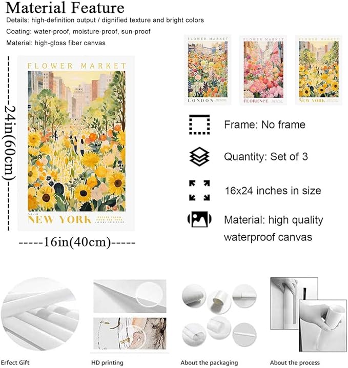 XLARTMY Flower Market Wall Art Print Canvas Yellow Pink Floral Paintings Colorful Botanical Sunflower Artwork Travel Poster for Decor Picture 3 pieces for Living Room Bedroom Bathroom 16x24in Unframed