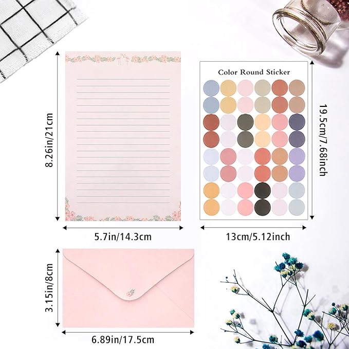 55 Pcs Stationery Paper Envelopes Set Includes 36 Lined Writing Stationery Paper & 18 Envelopes with 48 Colorful Round Dot Stickers, Cute Vintage Letter Writing and Stationery Paper Envelopes(6 Style)