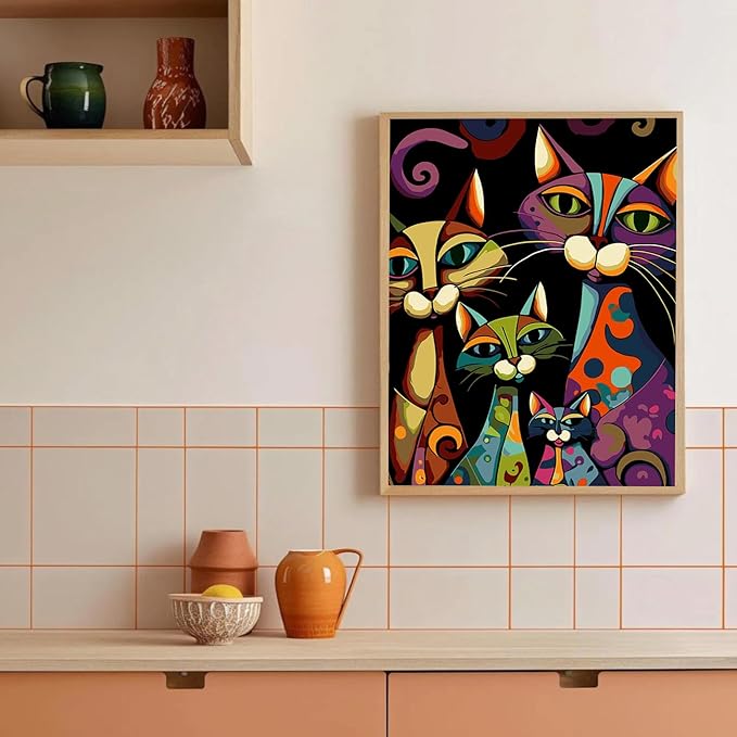 Adult Digital Painting Kit,Abstract Four Black Cats Frameless Beginner DIY Acrylic Watercolor Oil Painting,Animal Digital Painting for Home Wall Decoration and Gifts (16x20 inches)