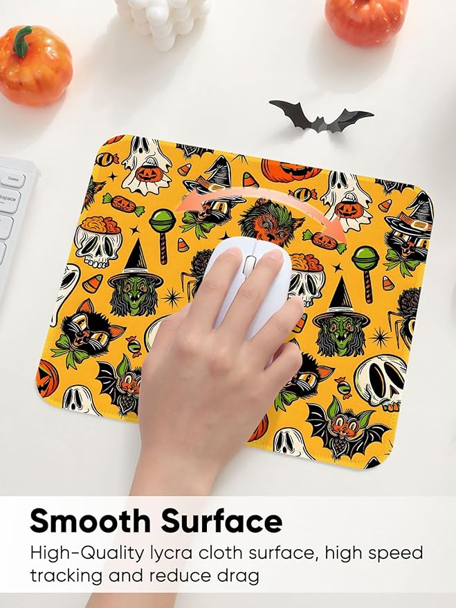 Seorsok Halloween Funny Pumpkin Mouse Mat,Skeleton Skull Decor Mouse Pads for Office Laptop,Washable Square Mousepads with Extended Stitched Edges Non Slip Rubber Base 9.5"x7.8"x0.12" Inch,Yellow