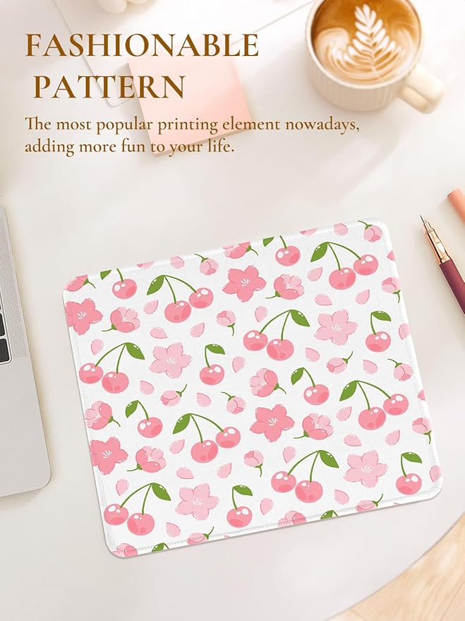 Cute Cherries Mouse Pad,Waterproof Aesthetics Flower Mouse Pads Design, Non-Slip Rubber Base Computer Simple Funny Mousepad,Small Mouse Mat Desk Accessories Office Supplies,Pink Cherry Floral