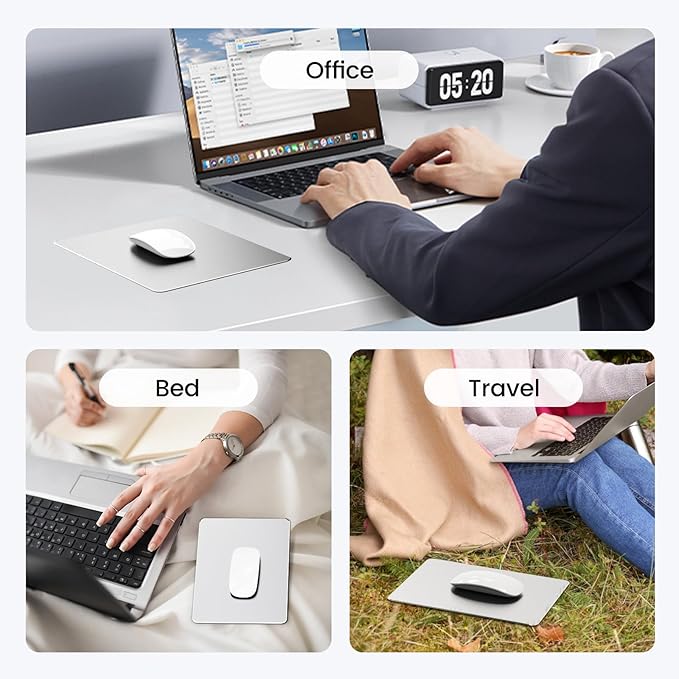 HONKID Metal Aluminum Mouse Pad, Office and Gaming Thin Hard Mouse Mat Double Sided Waterproof Fast and Accurate Control Mousepad for Laptop, Computer and PC,9.45 X 7.87 Inch,Silver