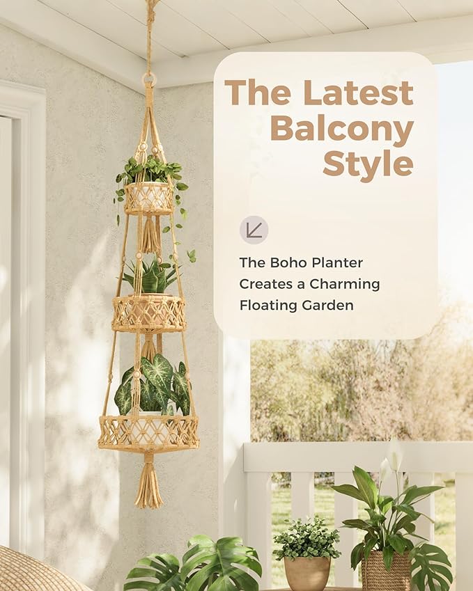 Leaf&lull Macramé Plant Hanger Indoor 3-Tier Hanging Planters for Indoor Outdoor Plants Boho Hanging Plant Holder Woven Plant Basket Decorative Haning Flower Pot Holder for Home Decor