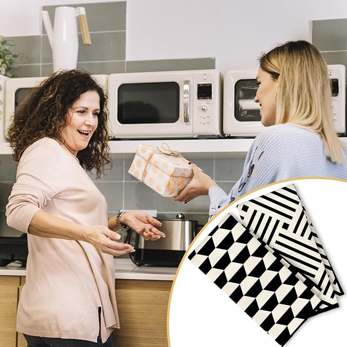 Black and White Kitchen Towels Set of 2, Boho Minimalist Abstract Dish Tea Towels for Kitchen Decor, Retro Mid Century Modern Hand Towels for Bathroom Decor, 16x24 Inches