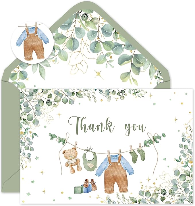 24 Pack Greenery Baby Shower Thank You Cards Bulk Eucalyptus Leaves Greeting Cards with Envelopes Stickers Blank Note Cards for Birthday Party Supplies, 4 x 6 Inch