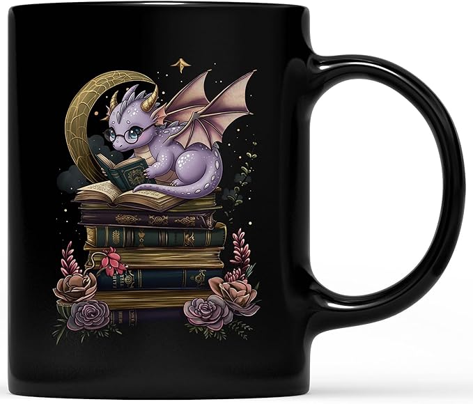 Personalized Cute Tarot Book Dragon Mug, Cute Purple Romantasy Dragon Reading Books Ceramic Cup for Bookish 11oz - 15oz