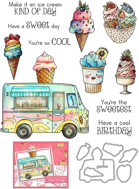 Ice Cream Cart Cones Stamps and Cutting Dies for Card Making DIY Transparent Silicone Clear Stamp and Metal Die Cuts Sets for Scrapbooking Paper Greeting Cards Decor Seals Craft Supplies