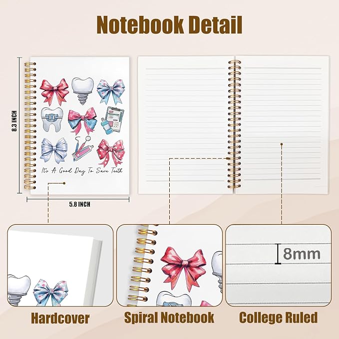 WUCHJ Dentist Gifts Notebook, Dental Hygienist Assistant Gifts Journal, Coquette Bow Dental Spiral Notebook Journal for Note Taking, Dentist Office Supplies, 5.5x8.3 Inch