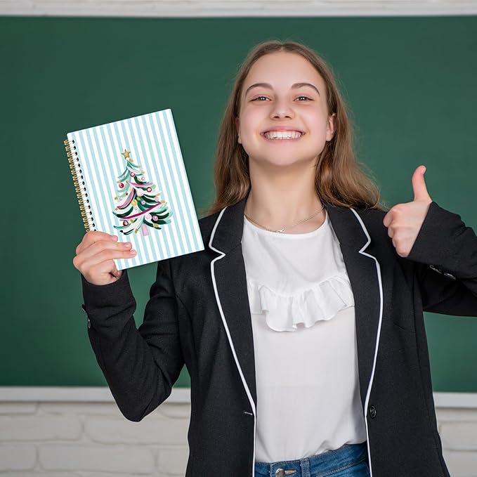 Pastel Christmas Tree Spiral Notebook, Christmas Aesthetic Journal for School Office Supplies, Preppy Xmas Blue Striped Winter Holiday Hardcover Journal 5.5x8.3 Inch