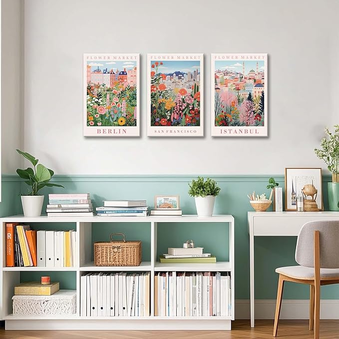 XLARTMY Flower Market Wall Art Prints Canvas Orange and Pink Floral Paintings Colorful Botanical Travel Flower Posters for Home Decor Pictures Set of 3 for Living Room Bedroom 16x24in Unframed