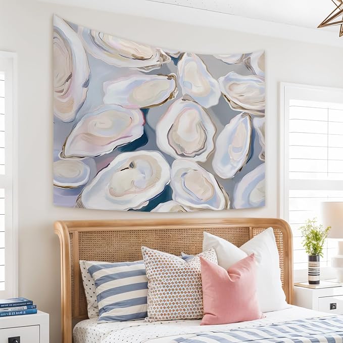 STHTTSW Coastal Beach Tapestry, Coastal Beachy Tapestries Wall Blanket, Sea Oyster Shell Ocean Tapestries Wall Hanging Decor for Beach Bedroom House Cabin Kitchen, 50x60 Inch