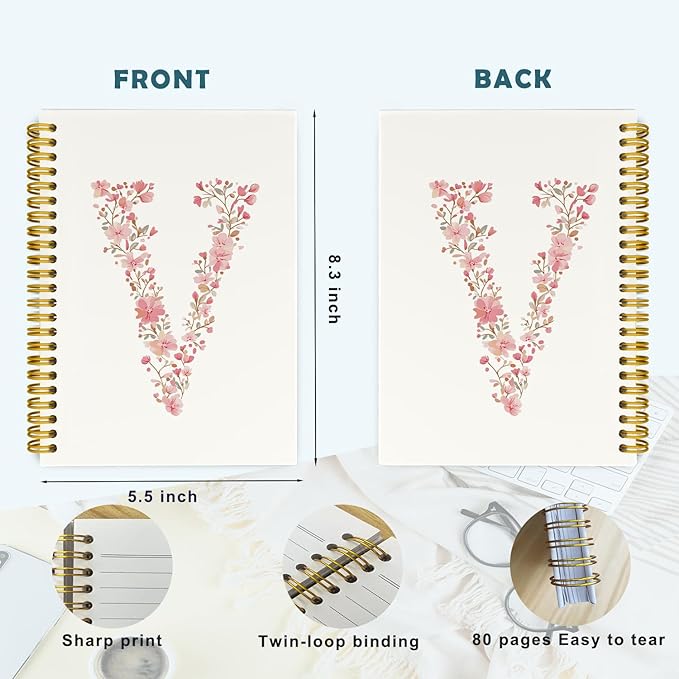 Pink Cute Spiral Notebook Journal, Preppy Floral Initial Letter V Personalized Journaling Notebooks, Monogrammed Gifts for Women Girls, Botanical Hardcover Spiral Lined Notebook 5.5 x 8.3