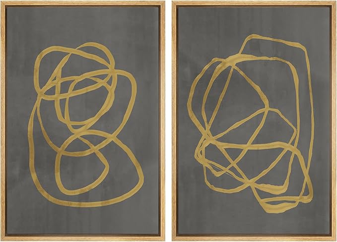 SIGNWIN Framed Canvas Print Wall Art Set Mid-Century Yellow Gray Polygon Collage Abstract Shapes Cozy Neutral Modern Minimalism Decorative Nordic for Living Room, Bedroom, Office - 24"x36"x2 Natural