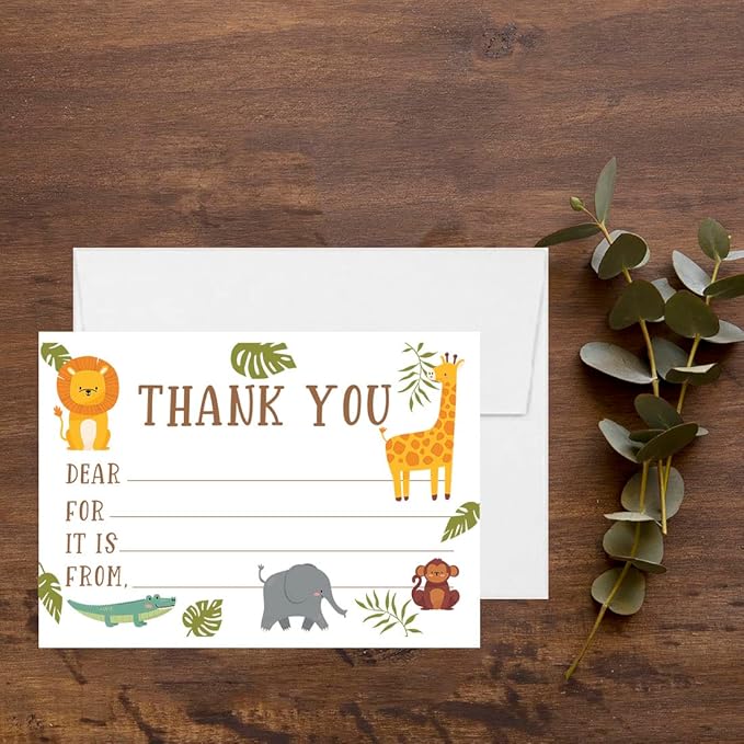 Andaz Press Kids Fill in the Blank Thank You Cards 20 Cards Including Envelopes Safari Jungle Animals Gender Neutral Note Cards For Boys Girls Birthday Thank You Notes for Friends, Family Party Guests