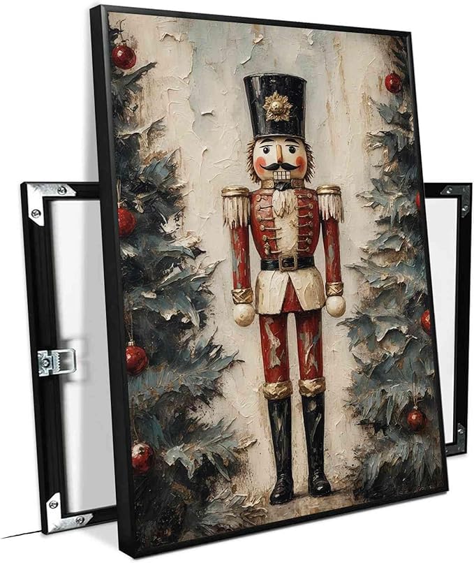 Nutcracker Soldier Vintage Christmas Art Holiday Doll Canvas Wall Art Traditional German Decor Red Uniform Soldier Prin Poster Indoor Decor for Home Offices Living Room Bedroom Framed Ready to Hang