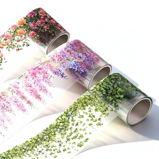 Floral Washi Tape, 3 Rolls Washi Tape Stickers, Pet Decorative Tapes Stickers, 50mm Wide Self Adhesive Green Leaf Rose Vine for Scrapbook Journal Craft