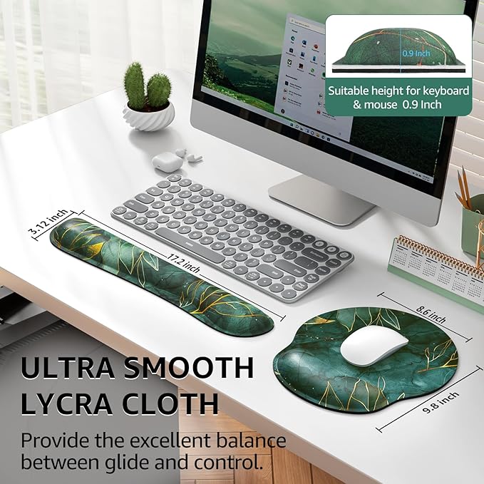 KTRIO Ergonomic Keyboard Wrist Rest, Memory Foam Mouse Pad with Wrist Rest for Computer Keyboard, Mouse Pad Set for Easy Typing & Pain Relief for Office & Home, Green Leaves
