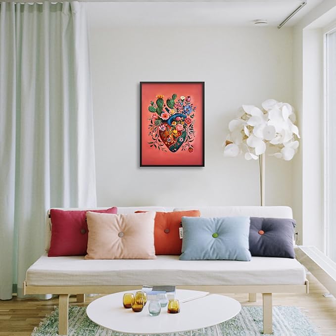Mexico Blooming Heart Canvas Poster Colorful Vintage Botanical Wall Art Funky Trippy Pink Prints 12X16 inch Black Framed for Bed Living Room Apartment Wall Decor