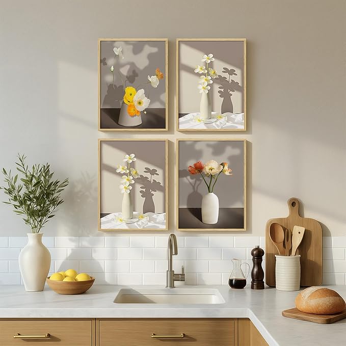 Framed Botanical Wall Art, 4 Piece Yellow Floral Canvas Painting Prints Artwork for Walls, Modern Elegant Flower Pictures for Bedroom Kitchen Hallway Living Room Bathroom Home Decor, 12x16 Inch