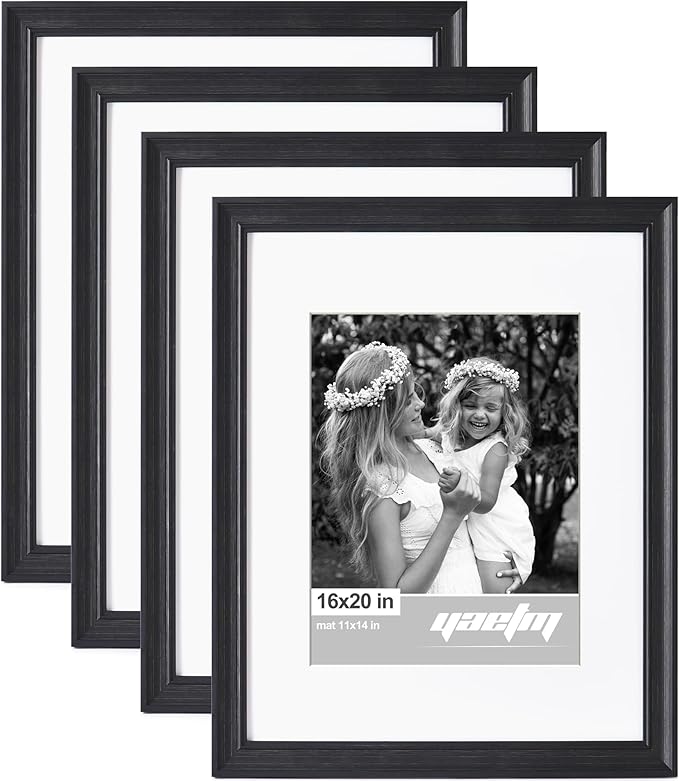 Yaetm 16x20 Picture Frame Matted to 11x14 Set of 4, 1.4" Wide Molding & Distressed Black Poster Frames 16 x 20 for Wall Gallery, Home and Office, Wall Mount (4 Pack, Black)