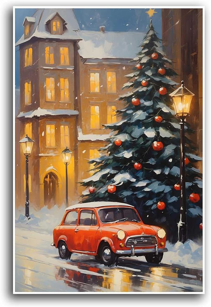 Canvas Wall Art Snowy Christmas tree and red car art print Christmas in the city classic timeless red car snow cosy winters day 24x36in-UnFramed