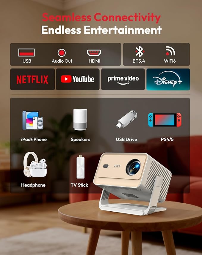 【Compatible with Netflix & Auto Focus】Xgody Gimbal N6 PRO 700 ANSI Native 1080P Smart Projector with WiFi 6 and Bluetooth, 4D Auto Keystone & Voice Controll Portable 4K Support FHD Home Projector