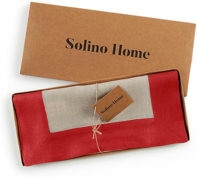 Solino Home Linen Table Runner 48 Inches - 100% Pure Linen Red and Natural Small Table Runner 14 x 48 Inch Ideal for Dresser and Coffee Tables - Valentines, Winter - Contempo
