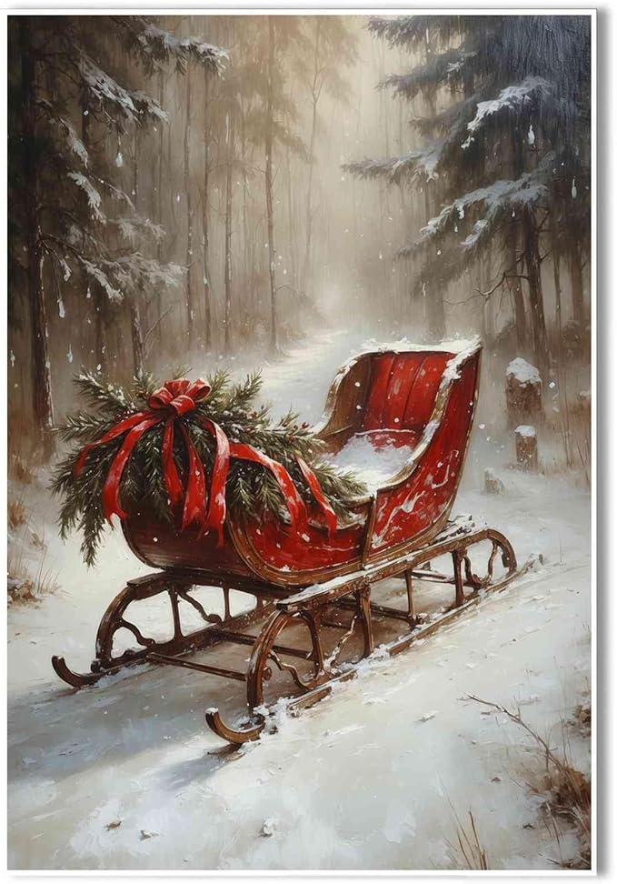 Vintage Christmas Canvas Wall Art Holiday Ride Painting Snowy Woodland Print Classic Sleigh Wall Decor Rustic Landscape Poster Indoor Decor for Offices Living Room Bedroom farmhouse Winter Holiday