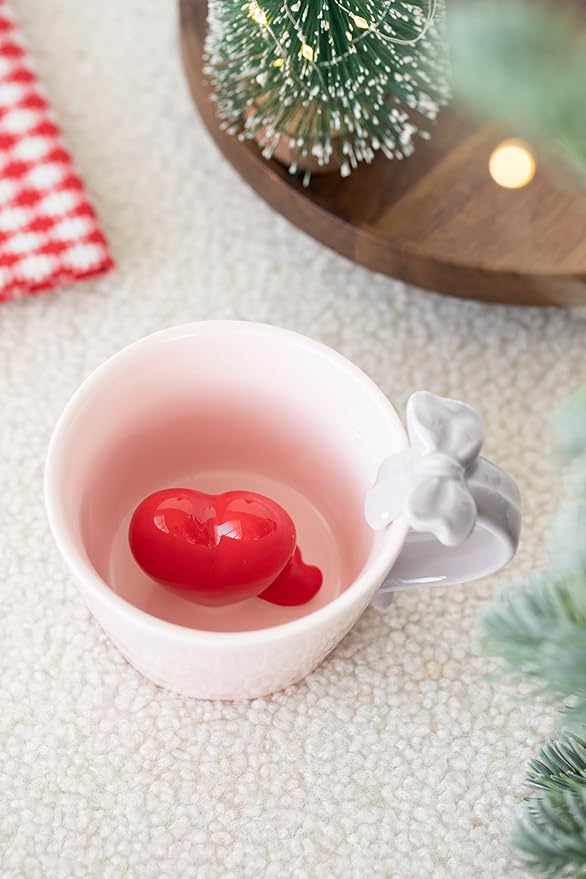 DIHOclub Ceramic Coffee Mug with Love Figurine & Bow Handle, Giftable Novelty Tea Cup for Lover Women Men, Valentine's Day Gift Idea (Pink)