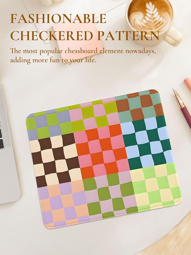 Cute Colorful Mouse Pad,Retro Checkered Pattern Mousepad,Square Aesthetic Waterproof Mouse Mat Design, Non-Slip Rubber Base Funny Boho Small Mouse Pads, Desk Accessories,Purple Blue Green