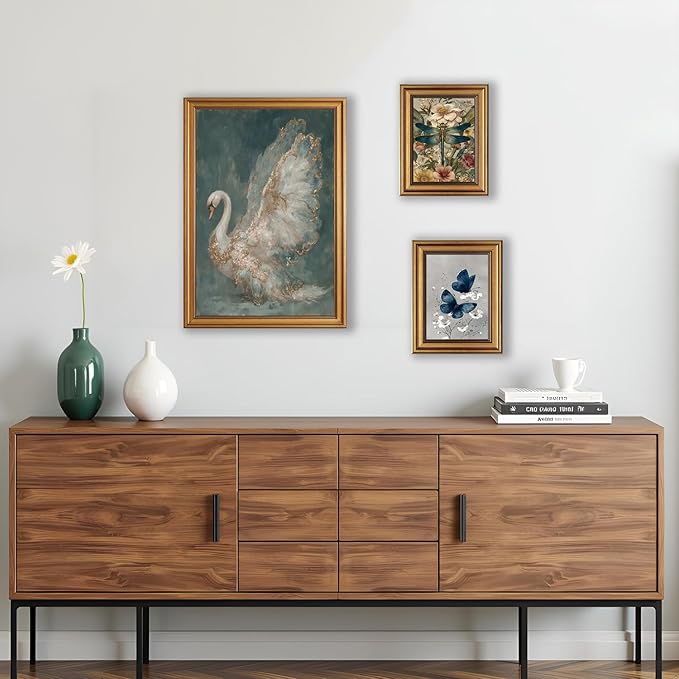 okudolit Gold Framed Vintage Swan Canvas Wall Art Print Luxury Animal Oil Painting Graceful Bird Artwork Picture Baroque Wall Decor for Living Room Bedroom and Office 16"x24"