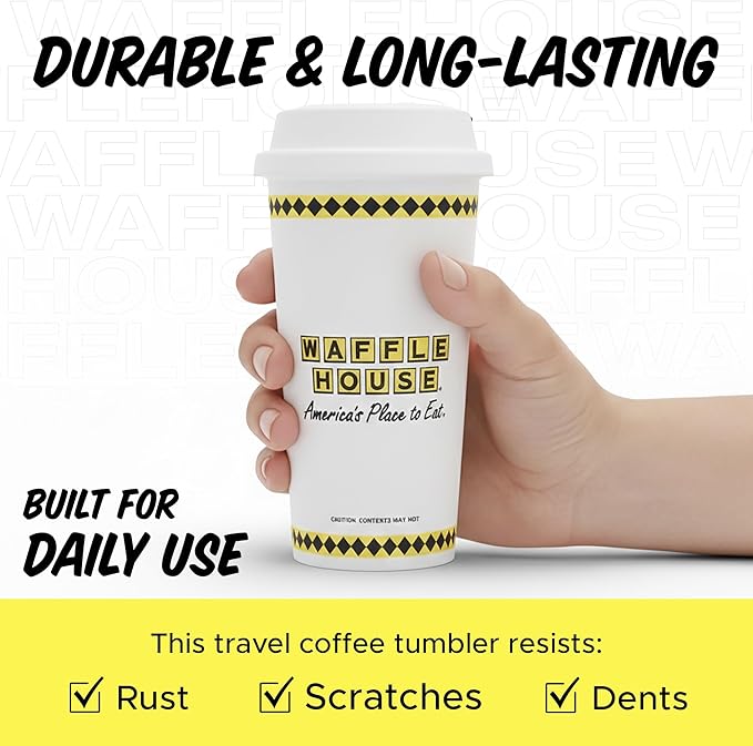 Waffle House Tumbler – 20oz Travel Coffee Tumbler with Spill-Resistant Lid, Double Wall Insulated Mug for Hot or Cold Drinks, Official Merch