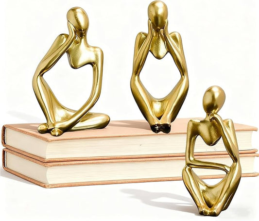 Mingzhang 3pcs Thinker Statue Abstract Art Thinker Figurines Gold Home Decor for Living Room, Office, Coffee Table, Bookshelf Decoration, Housewarming Gifts