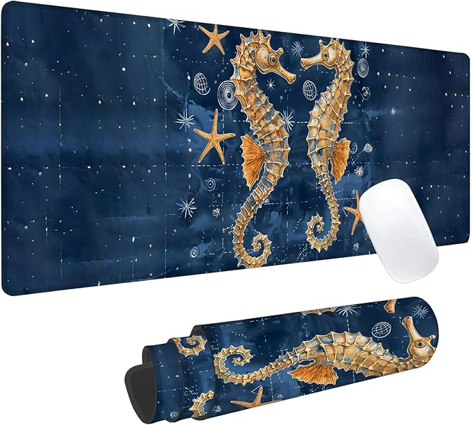 Elegant Seahorse Gaming Mouse Pad, Office Desk Mat, Anti-Slip Rubber Base Cool Aesthetic Mouse Pads for Computer Laptop Keyboard School Home Desktop Gamer Home Accessories Decor 31.5" x 11.8"