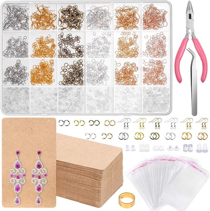 Earrings Hooks for Jewelry Making, Anezus 2000Pcs Earring Making Supplies Kit with Fish Hook Earrings, Earring Cards, Jewelry Plier, Earring Backs and Jump Ring for Jewelry Making and Earring Repair