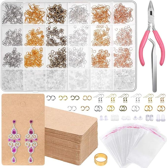 Earrings Hooks for Jewelry Making, Anezus 2000Pcs Earring Making Supplies Kit with Fish Hook Earrings, Earring Cards, Jewelry Plier, Earring Backs and Jump Ring for Jewelry Making and Earring Repair