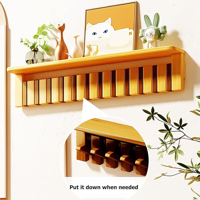 Wall Mounted Piano Key Hanger | Flip Style Hook | Entrance Wall Art Hook, Made of Oak Wood (3 Times Painted, 4 Times Polished) (Tray Walnut-Beech, 12Hooks)