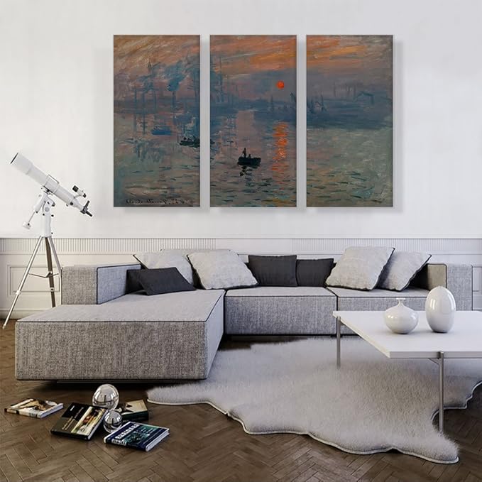 ARTCANVAS Impression Sunrise Canvas Art Print Stretched Framed Painting Picture Poster Giclee Wall Decor by Claude Monet - 60" x 40" (1.50" Deep) (3-Piece)