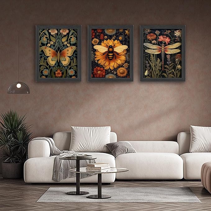 3 PCS William Morris Canvas Wall Art for Home Decor Bee Dragonfly Butterfly Painting Poster William Morris Botanical Insects Pictures Prints Wall Decor for Living Room Bedroom Home Decorations 12×16 in(Poster No Frame)