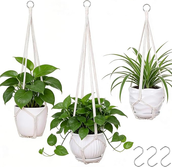 YIBOT 3 Pack Macrame Plant Hanger Indoor Hanging Planter Basket with 3 Hooks, 35"/29"/23" Crochet Plant Holder Stand No Tassels for Indoor Outdoor Boho Home Decor, Ivory (POTS NOT Included)