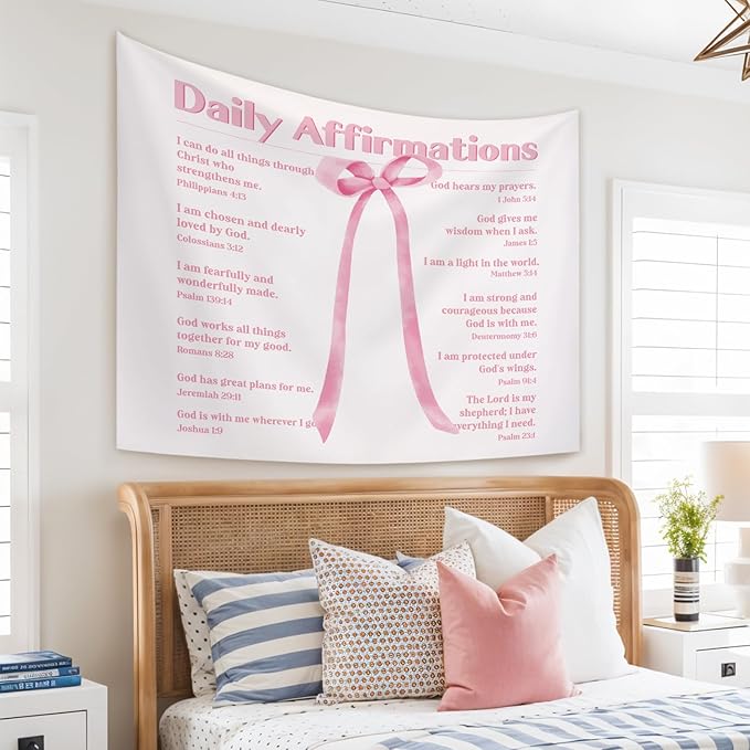 STHTTSW Pink Coquette Bow Dorm Tapestry Aesthetic, Daily Affirmations Tapestries Wall Blanket, Pink Wall Hanging Decor for Teen Girl Women School Counselor Therapy Office, 50x60 Inch